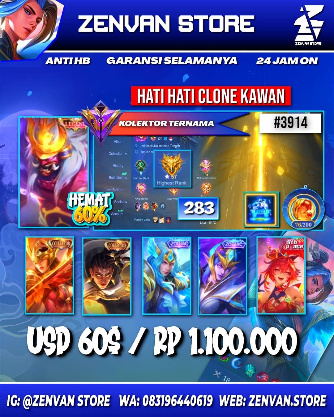 #3914 🔥 283 Skins 🔥 Legend Franco 🔥 Collector Pharsa & Brody 🔥 KoF Karina 🔥 Many Limited 🔥 Many Zodiac 🔥 Many Epic 🔥 Safe Account ✅