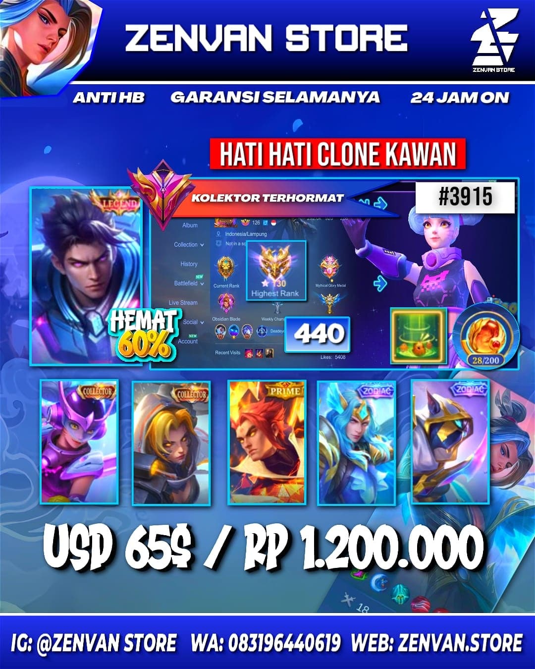 #3915 🔥 440 Skins 🔥 Legend Alucard 🔥 Collector Wanwan & Natalia 🔥 Prime Yu Zhong 🔥 SpongeBob 🔥 Transformer Roger 🔥 KoF Karina 🔥 Many Limited 🔥 Many Zodiac 🔥 Many Epic 🔥 Safe Account ✅