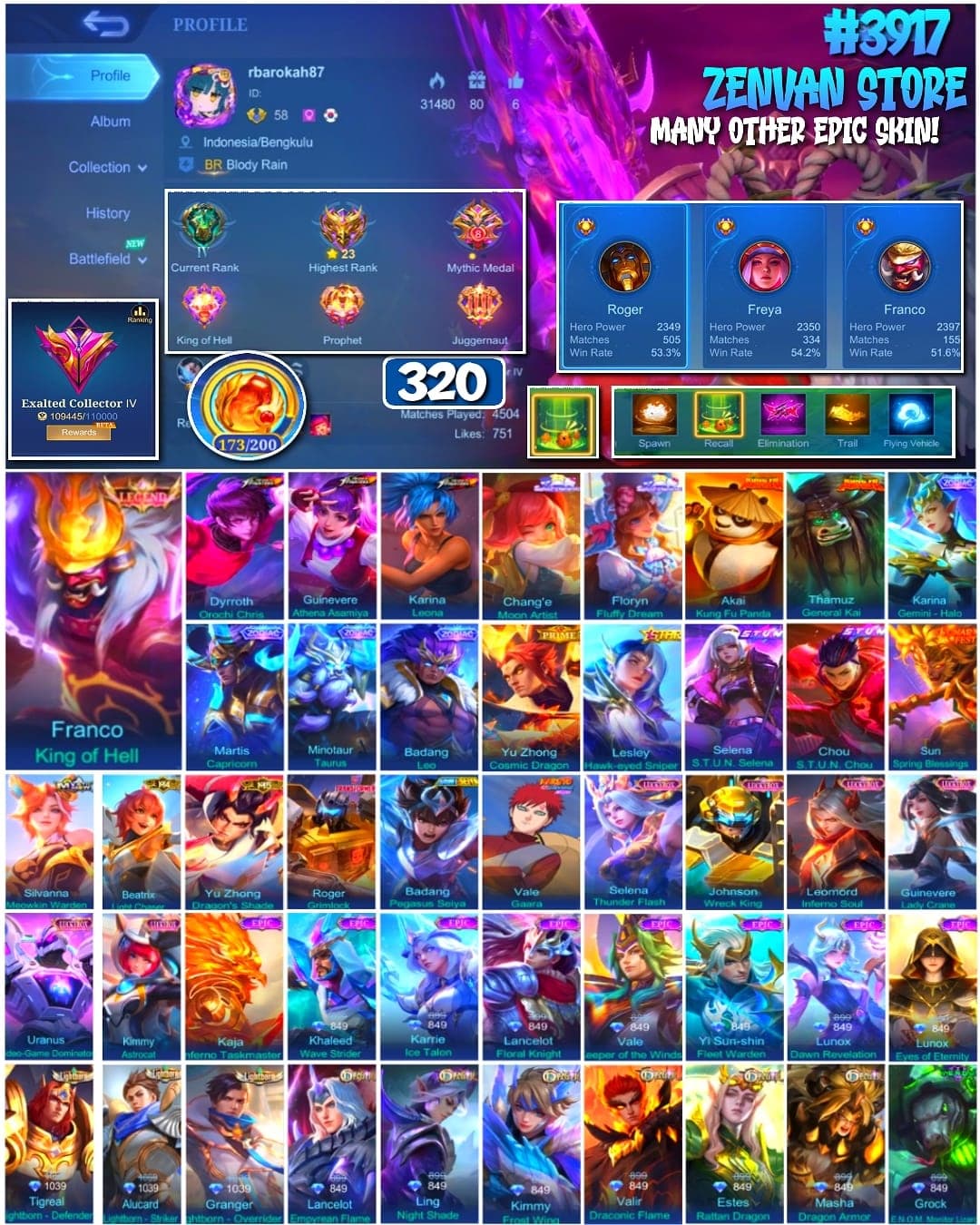 #3917 🔥 320 Skins 🔥 Legend Franco 🔥 KoF Karina & Guinevere 🔥 Sanrio Chang'e & Floryn 🔥 Kungfu Panda Akai & Thamuz 🔥 Stun Selena & Chou 🔥 Prime Yu Zhong 🔥 Transformer Roger 🔥 Many Limited 🔥 Many Zodiac 🔥 Many Epic 🔥 Safe Account ✅