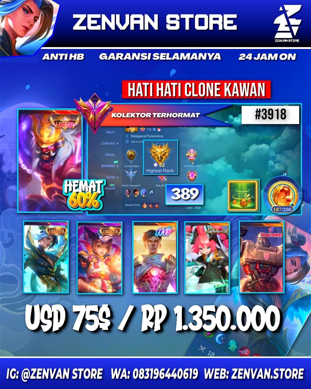 #3918 🔥 389 Skins 🔥 Legend Franco 🔥 Collector Ling & Natalia 🔥 11.11 Gusion 🔥 Transformer Aldous, Granger & Roger 🔥 Prime Yu Zhong & Beatrix 🔥 KoF Karina 🔥 Many Limited 🔥 Many Zodiac 🔥 Many Epic 🔥 Safe Account ✅