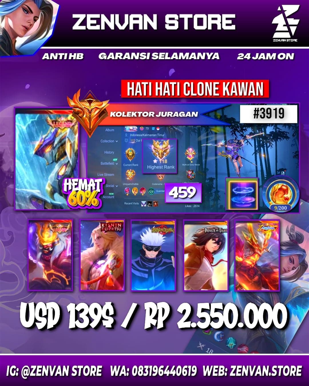 #3919 🔥 459 Skins 🔥 Legend Franco & Saber 🔥 Collector Ling & Natalia 🔥 Neobeast Ling 🔥 Kinsin Lance 🔥 Sasuke 🔥 Jujutsu Kaisen Gojo 🔥 Attack on Titan Mikasa 🔥 Internal Moskov 🔥 Aspirant Vexana & Layla 🔥 Starwars Kimmy 🔥 Sanrio Chang'e & Floryn 🔥 Prime Claude, Beatrix & Granger 🔥 SpongeBob 🔥 KoF Karina 🔥 Many Limited 🔥 Many Zodiac 🔥 Many Epic 🔥 Safe Account ✅