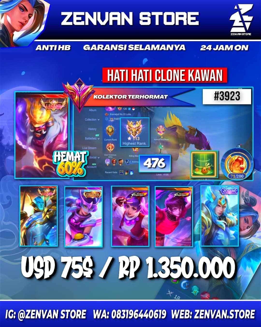 Foto akun ML #3923 🔥 476 Skins 🔥 Legend Gord & Franco 🔥 Collector Wanwan 🔥 KoF Dyroth, Guinevere & Karina 🔥 SpongeBob 🔥 Transformer Roger 🔥 Full Stun 🔥 Many Limited 🔥 Many Zodiac 🔥 Many Epic 🔥 Safe Account ✅ - gambar 1