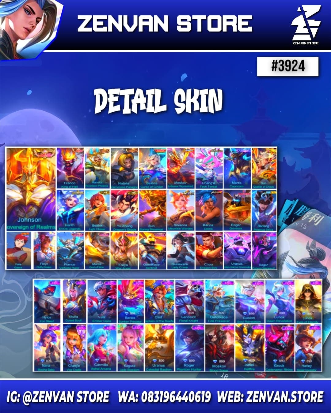 Thumbnail 2 akun ML #3924 🔥 467 Skins 🔥 Legend Franco & Jhonson 🔥 Collector Hanabi & Natalia 🔥 Zenith Selena 🔥 Internal Moskov 🔥 Aspirant Chang'e 🔥 KoF Karina 🔥 Transformer Roger 🔥 Many Limited 🔥 Many Zodiac 🔥 Many Epic 🔥 Safe Account ✅