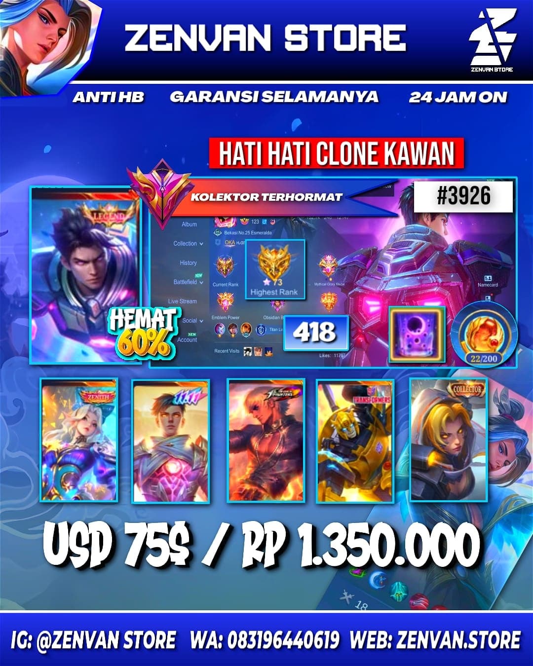 #3926 🔥 418 Skins 🔥 Legend Alucard 🔥 Collector Natalia 🔥 Zenith Selena 🔥 11.11 Gusion 🔥 KoF Gusion & Karina 🔥 Transformer X Borg & Roger 🔥 SpongeBob 🔥 Many Limited 🔥 Many Zodiac 🔥 Many Epic 🔥 Safe Account ✅
