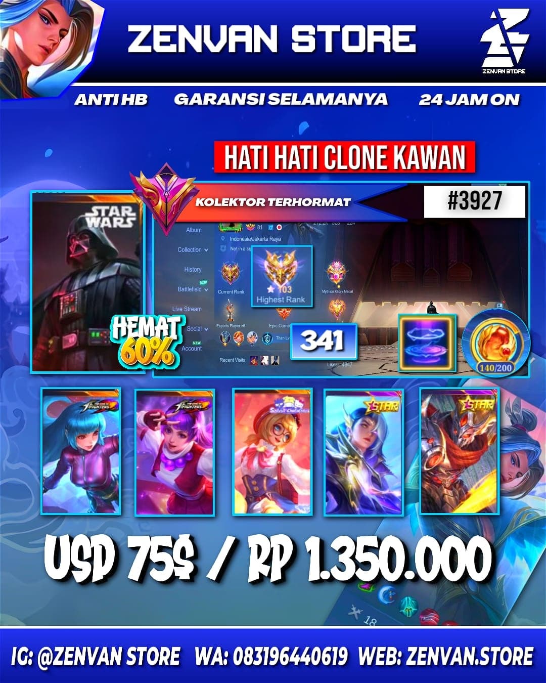 #3927 🔥 341 Skins 🔥 Collector Natalia 🔥 Starwars Argus 🔥 KoF Guinevere, Karina & Aurora 🔥 Sanrio Angela & Floryn 🔥 Transformer Roger 🔥 Many Limited 🔥 Many Zodiac 🔥 Many Epic 🔥 Safe Account ✅