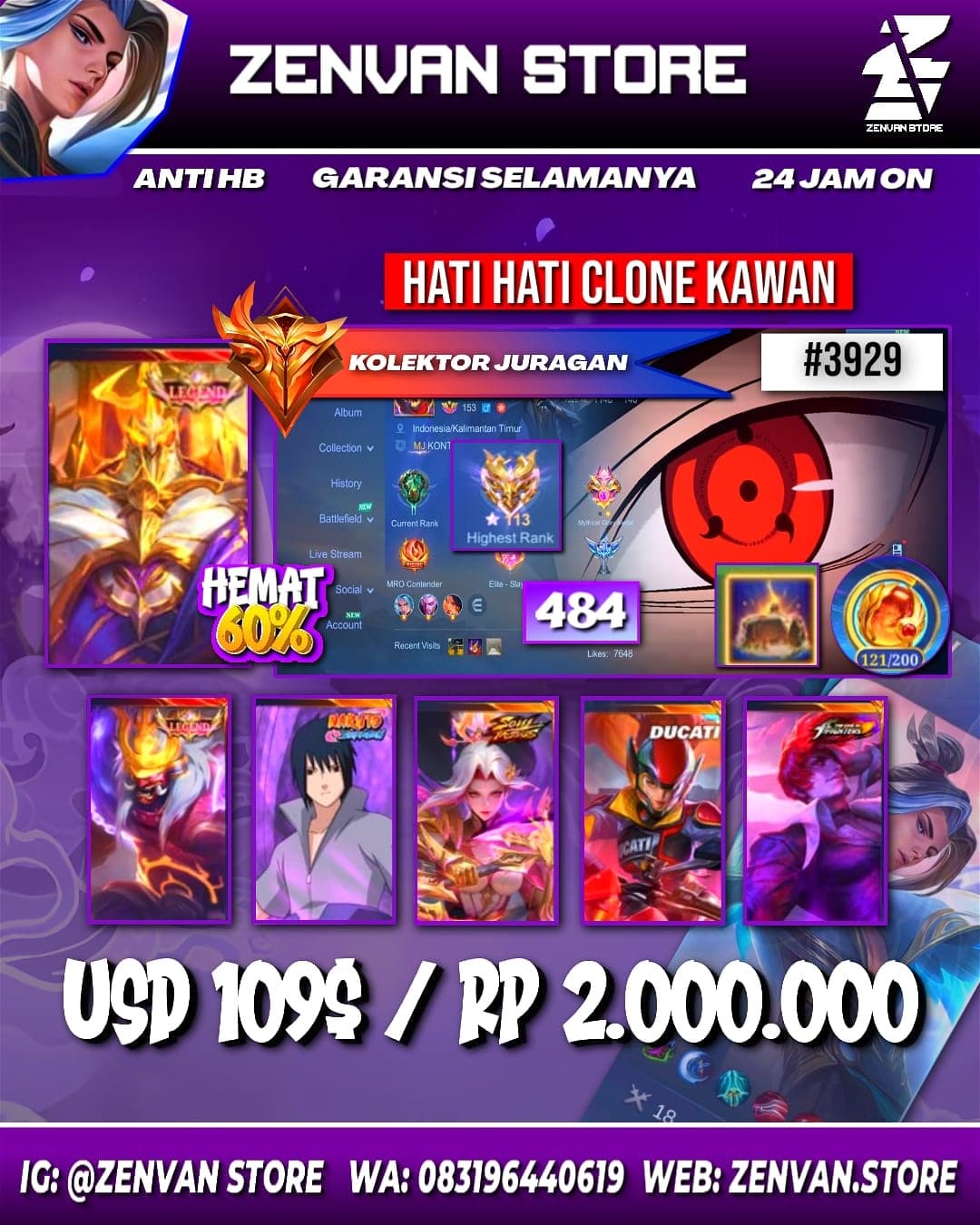#3929 🔥 484 Skins 🔥 Legend Jhonson & Franco 🔥 Collector Natalia 🔥 Sasuke 🔥 Ducati Irithel 🔥 Soul Valls Hanabi 🔥 KoF Chou & Karina 🔥 Prime Granger & Claude 🔥 SpongeBob 🔥 Transformer Roger 🔥 Many Limited 🔥 Many Zodiac 🔥 Many Epic 🔥 Safe Account ✅