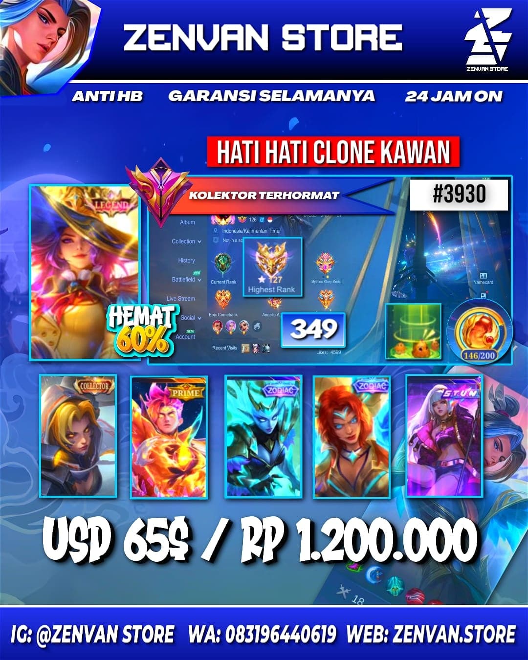 Foto akun ML #3930 🔥 349 Skins 🔥 Legend Lesley 🔥 Collector Natalia 🔥 Prime Claude 🔥 SpongeBob 🔥 KoF Karina 🔥 Many Limited 🔥 Many Zodiac 🔥 Many Epic 🔥 Safe Account ✅ - gambar 1