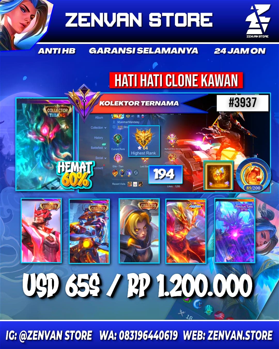 #3937 🔥 194 Skins 🔥 Collector Grock, Clint, Yi Sun-shin & Natalia 🔥 KoF Karina 🔥 Prime Granger 🔥 SpongeBob 🔥 Patrick 🔥 Many Limited 🔥 Many Star 🔥 Many Epic 🔥 Safe Account ✅