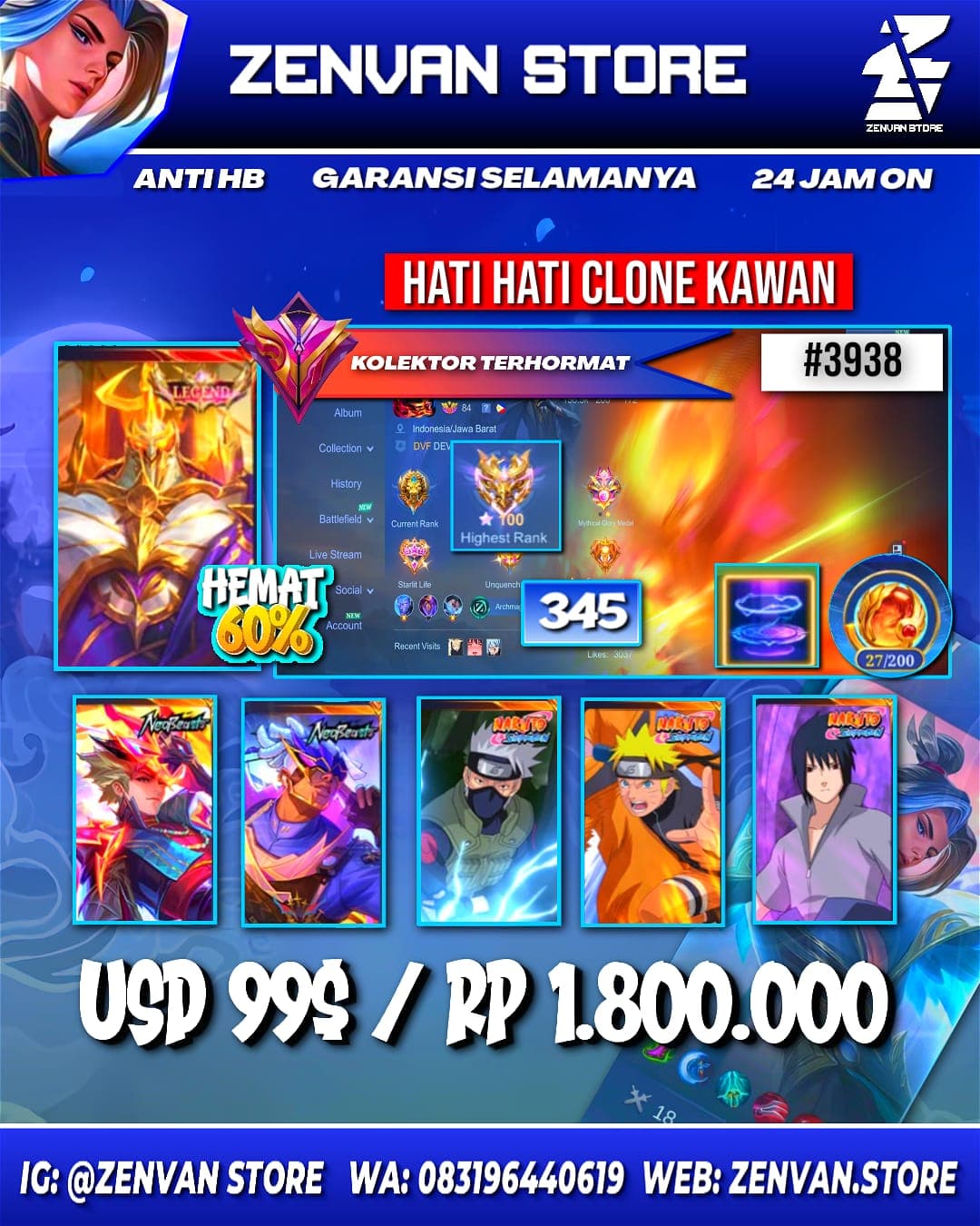 #3938 🔥 345 Skins 🔥 Legend Johnson 🔥 Neobeast Ling & Brody 🔥 Sasuke 🔥 Kakashi 🔥 Naruto Lukas 🔥 Vale Gaara 🔥 KoF Guinevere & Karina 🔥 Saint Seiya Badang 🔥 Prime Granger 🔥 Ducati Leomord 🔥 SpongeBob 🔥 Many Limited 🔥 Many Zodiac 🔥 Many Epic 🔥 Safe Account ✅