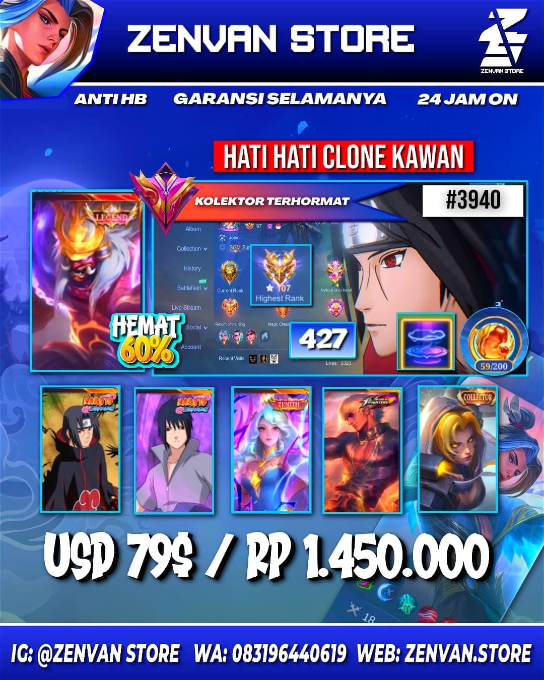 #3940 🔥 427 Skins 🔥 Legend Franco 🔥 Collector Natalia 🔥 Zenith Vexana 🔥 Sasuke 🔥 Itachi 🔥 Vale Gaara 🔥 KoF Gusion & Karina 🔥 Saint Seiya Badang 🔥 Prime Granger & Claude 🔥 Transformer Roger 🔥 SpongeBob 🔥 Many Limited 🔥 Many Zodiac 🔥 Many Epic 🔥 Safe Account ✅