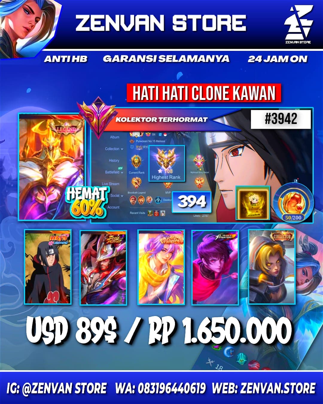 #3942 🔥 394 Skins 🔥 Legend Jhonson 🔥 Collector Natalia 🔥 Valentine Lance 🔥 Itachi 🔥 Soul Valls Clint 🔥 KoF Dyroth & Karina 🔥 Prime Yu Zhong, Claude & Granger 🔥 SpongeBob 🔥 Many Limited 🔥 Many Zodiac 🔥 Many Epic 🔥 Safe Account ✅
