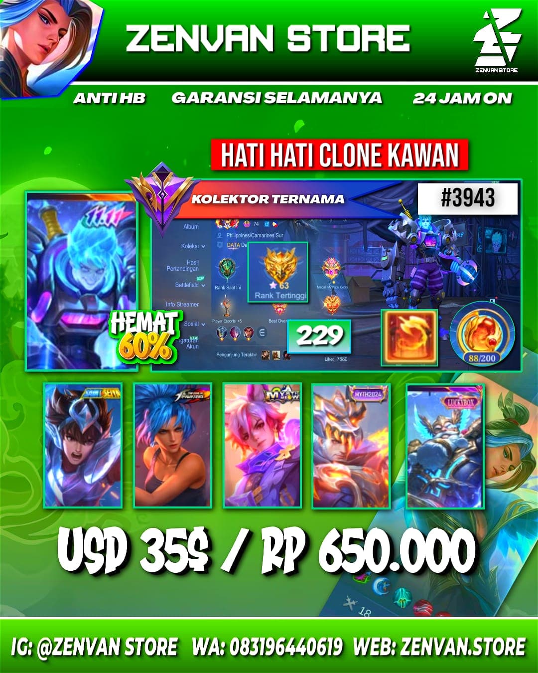 #3943 🔥 229 Skins 🔥 KoF Karina 🔥 11.11 X Borg 🔥 Saint Seiya Badang 🔥 Many Epic 🔥 Safe Account ✅