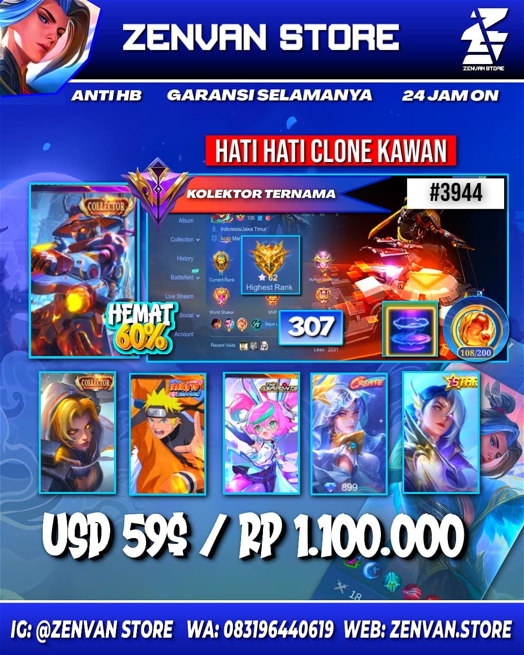#3944 🔥 307 Skins 🔥 Collector Yin Shun Shin & Natalia 🔥 Naruto 🔥 Aspirant Chang'e 🔥 Gara 🔥 Many Limited 🔥 Many Epic 🔥 Safe Account ✅