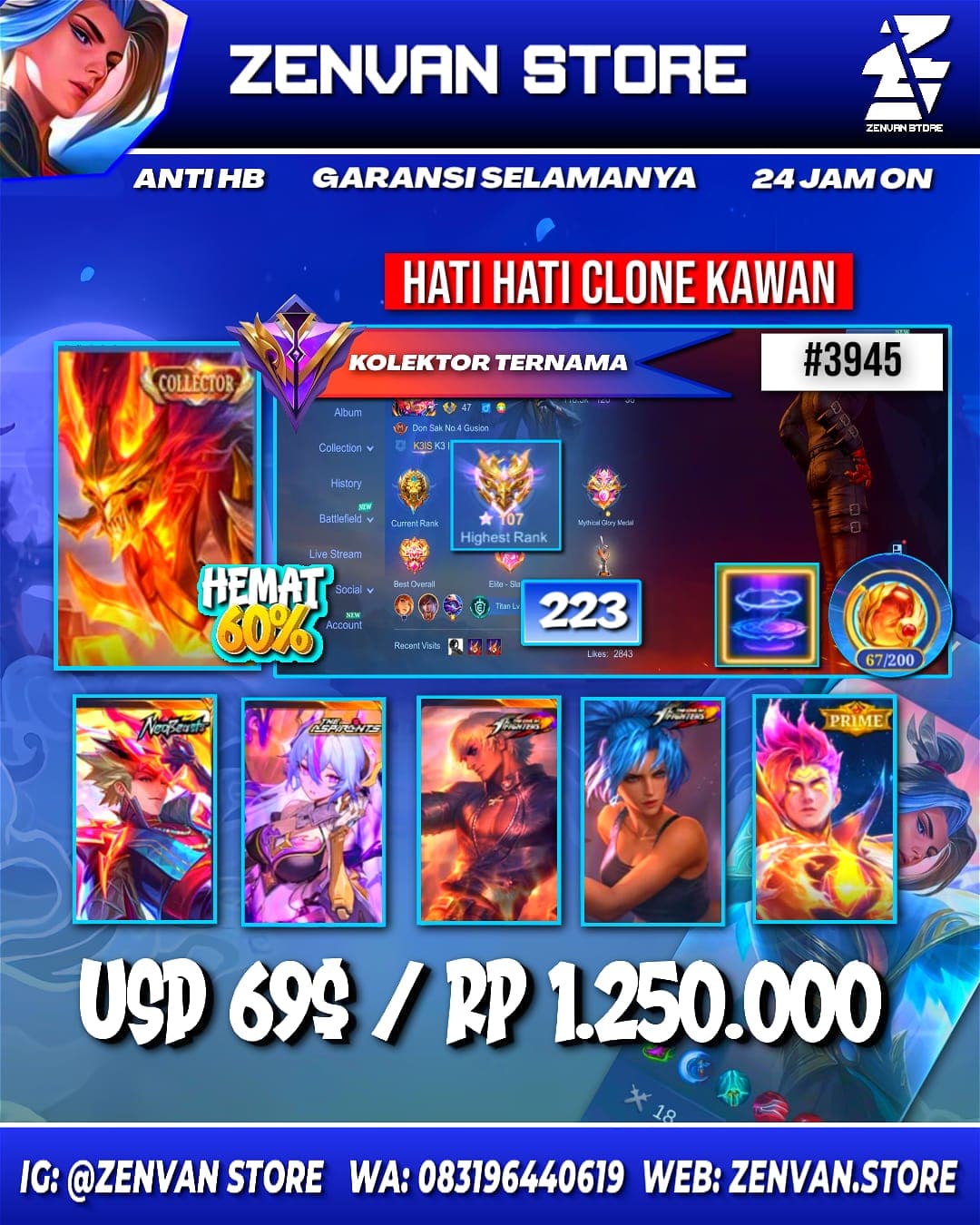 #3945 🔥 223 Skins 🔥 Collector Hanzo 🔥 Neobeast Ling 🔥 Aspirant Vexana 🔥 KoF Gusion & Karina 🔥 Prime Claude 🔥 SpongeBob 🔥 Gara 🔥 Many Limited 🔥 Many Epic 🔥 Safe Account ✅