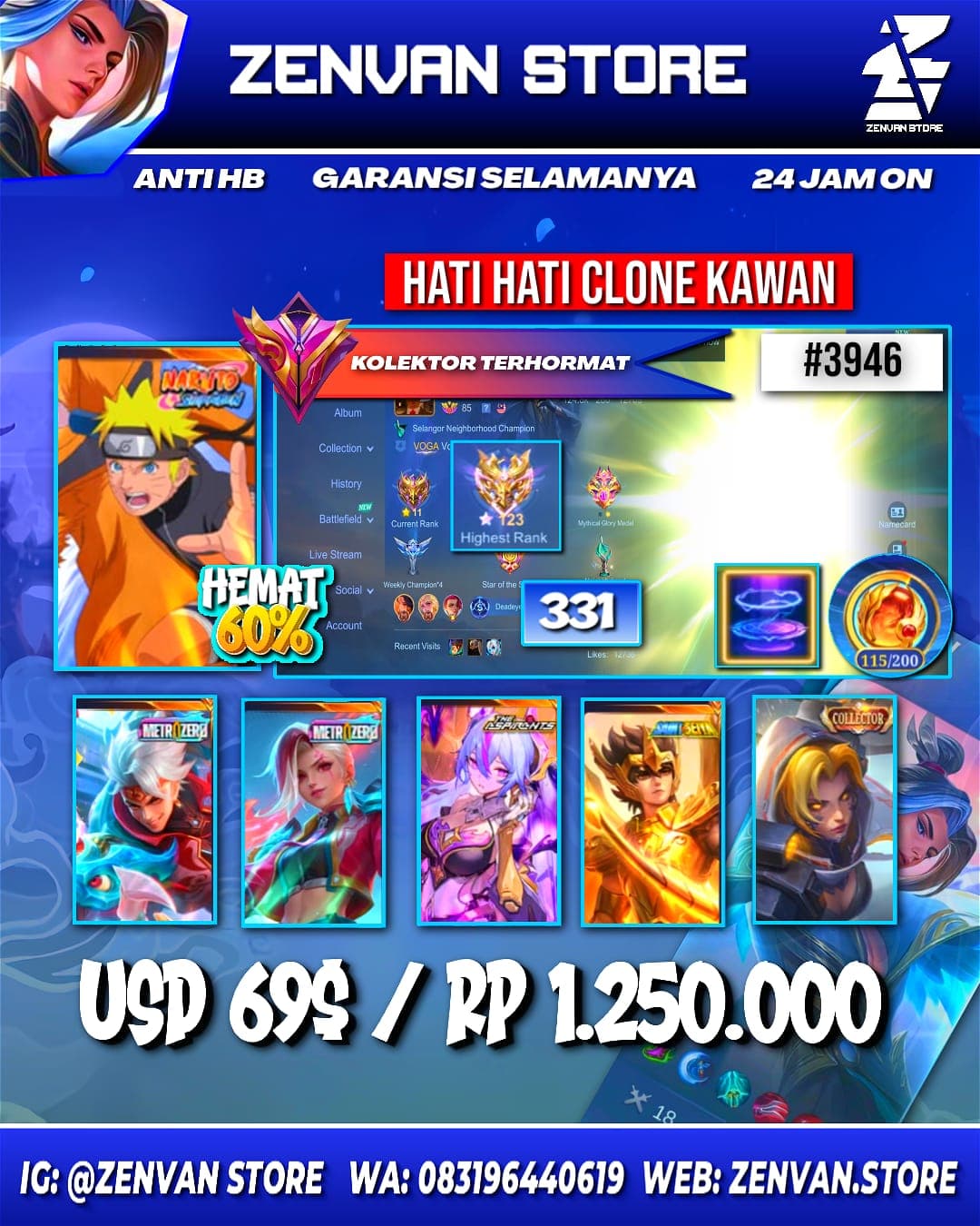 #3946 🔥 331 Skins 🔥 Collector Natalia 🔥 Naruto 🔥 Zero X Borg & Ixia 🔥 Aspirant Vexana 🔥 Saint Seiya Badang 🔥 SpongeBob & Petrix 🔥 Stun Chou 🔥 KoF Karina 🔥 Many Limited 🔥 Many Zodiac 🔥 Many Epic 🔥 Safe Account ✅