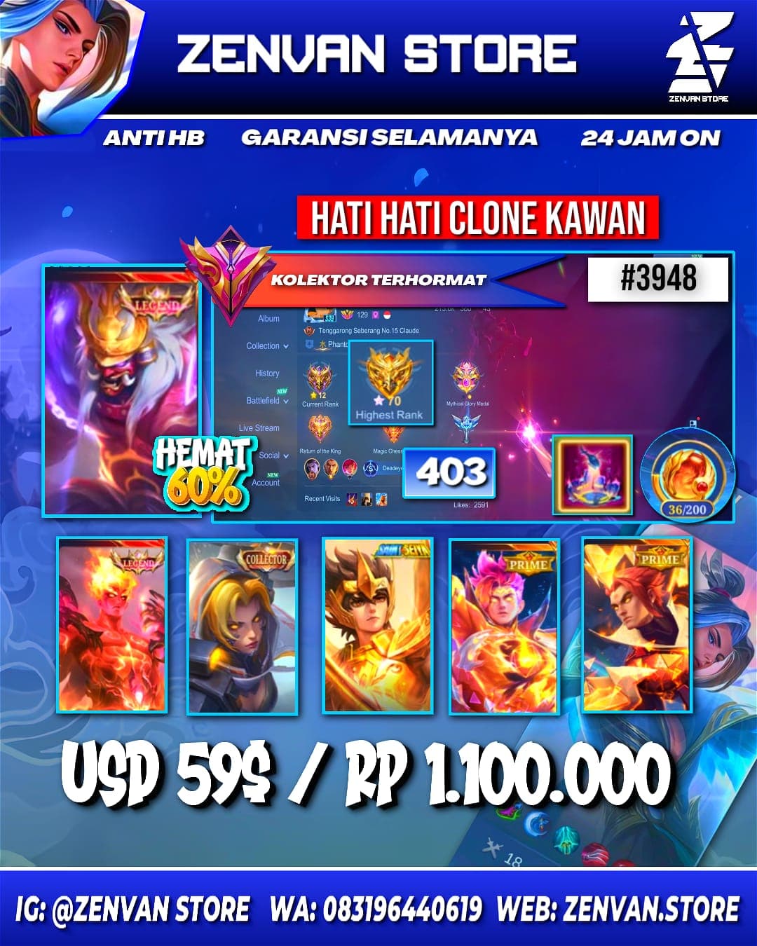 #3948 🔥 403 Skins 🔥 Legend Franco & Valir 🔥 Collector Natalia 🔥 Saint Seiya Badang 🔥 Prime Claude & Yu Zhong 🔥 SpongeBob 🔥 Stun Chou 🔥 KoF Karina 🔥 Many Limited 🔥 Many Zodiac 🔥 Many Epic 🔥 Safe Account ✅
