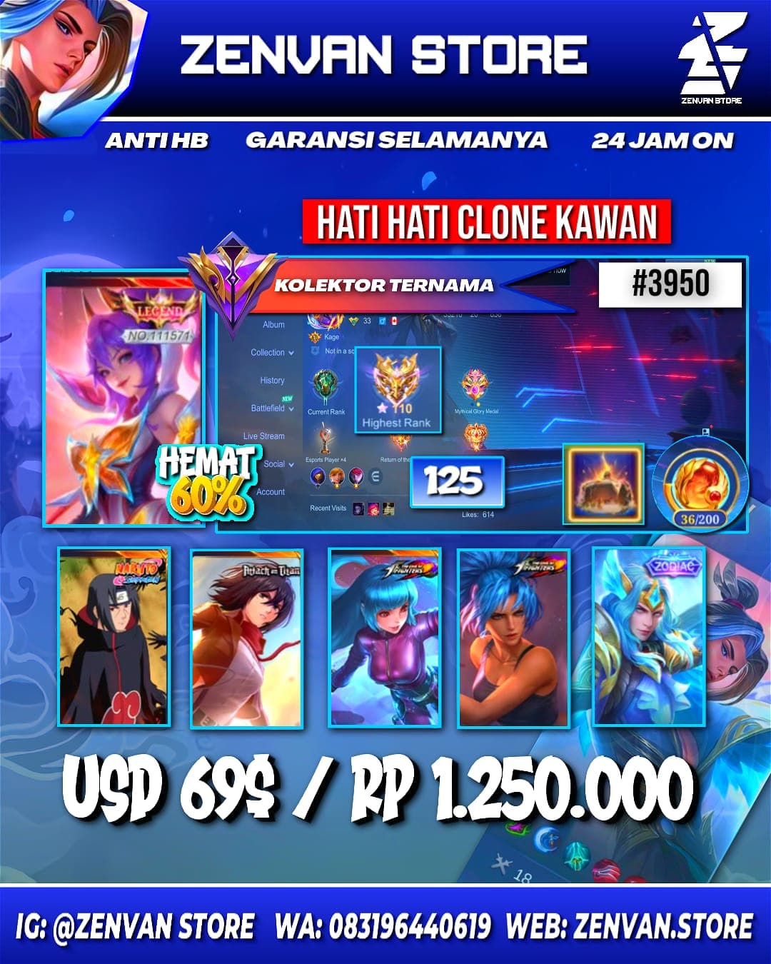 #3950 🔥 125 Skins 🔥 Legend Fanny 🔥 Itachi 🔥 Attack on Titan Mikasa 🔥 KoF Aurora & Karina 🔥 Many Limited 🔥 Many Zodiac 🔥 Many Epic 🔥 Safe Account ✅