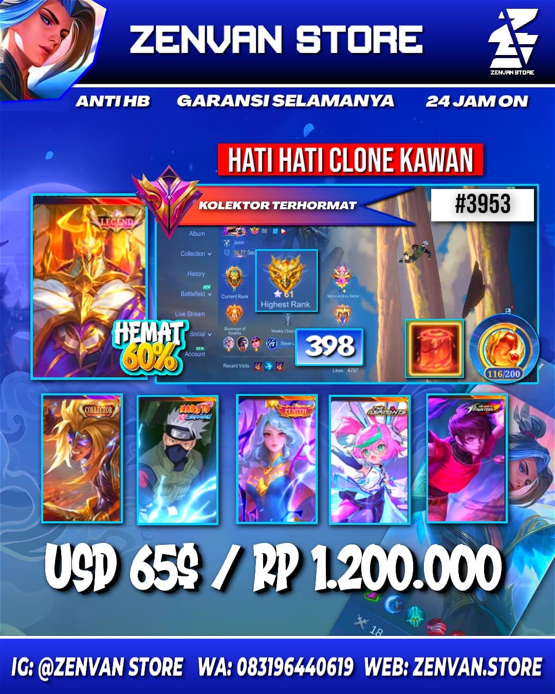 #3953 🔥 398 Skins 🔥 Legend Jhonson 🔥 Collector Badang & Natalia 🔥 Kakashi 🔥 Zenith Vexana 🔥 Aspirant Chang'e 🔥 KoF Dyroth & Karina 🔥 Prime Claude 🔥 SpongeBob 🔥 Many Limited 🔥 Many Epic 🔥 Safe Account ✅