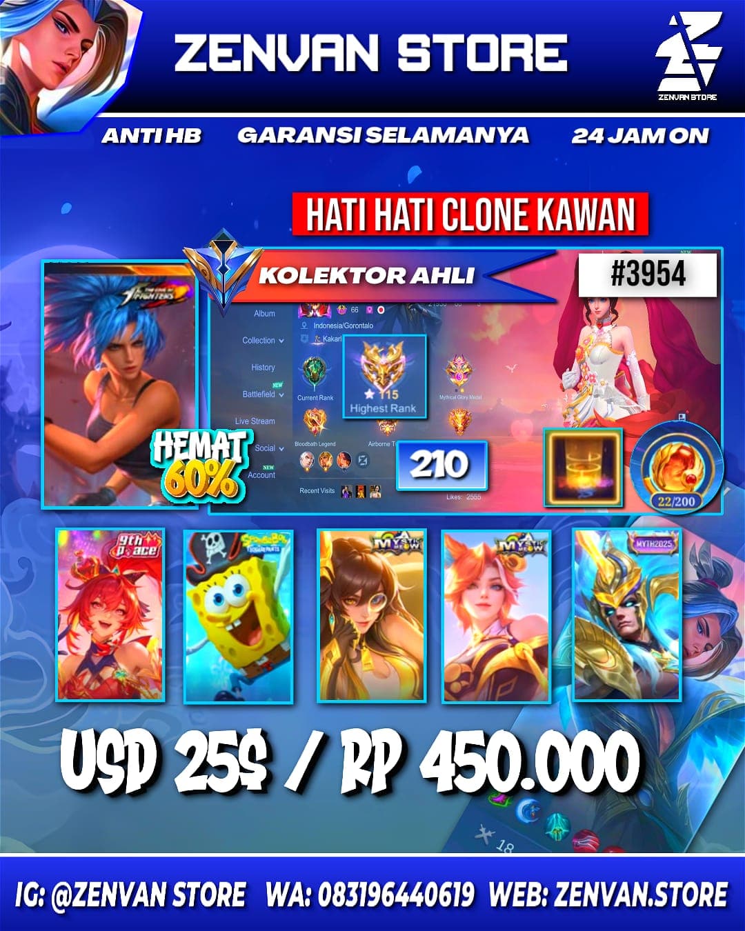 #3954 🔥 210 Skins 🔥 KoF Karina 🔥 SpongeBob 🔥 Gara 🔥 Many Epic 🔥 Safe Account ✅