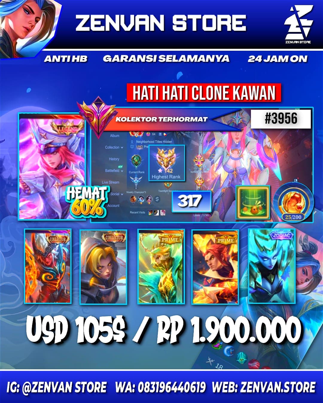 #3956 🔥 317 Skins 🔥 Legend Freya 🔥 Collector Kufra & Natalia 🔥 Prime Granger & Yu Zhong 🔥 SpongeBob 🔥 KoF Karina 🔥 Transformer Roger 🔥 Many Limited 🔥 Many Zodiac 🔥 Many Epic 🔥 Safe Account ✅