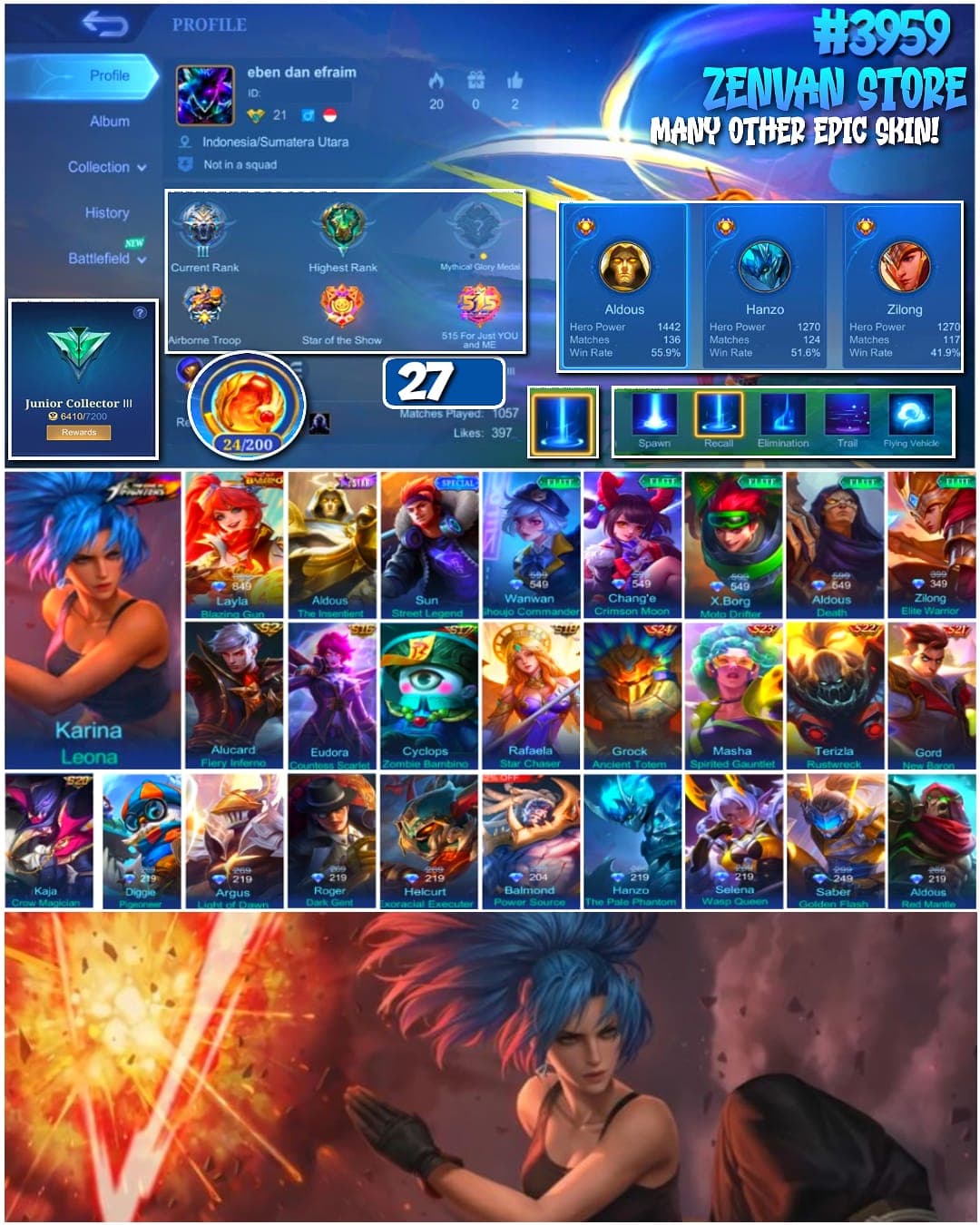 Foto akun ML #3959 🔥 27 Skins 🔥 KoF Karina 🔥 Many Epic 🔥 Safe Account ✅ - gambar 1