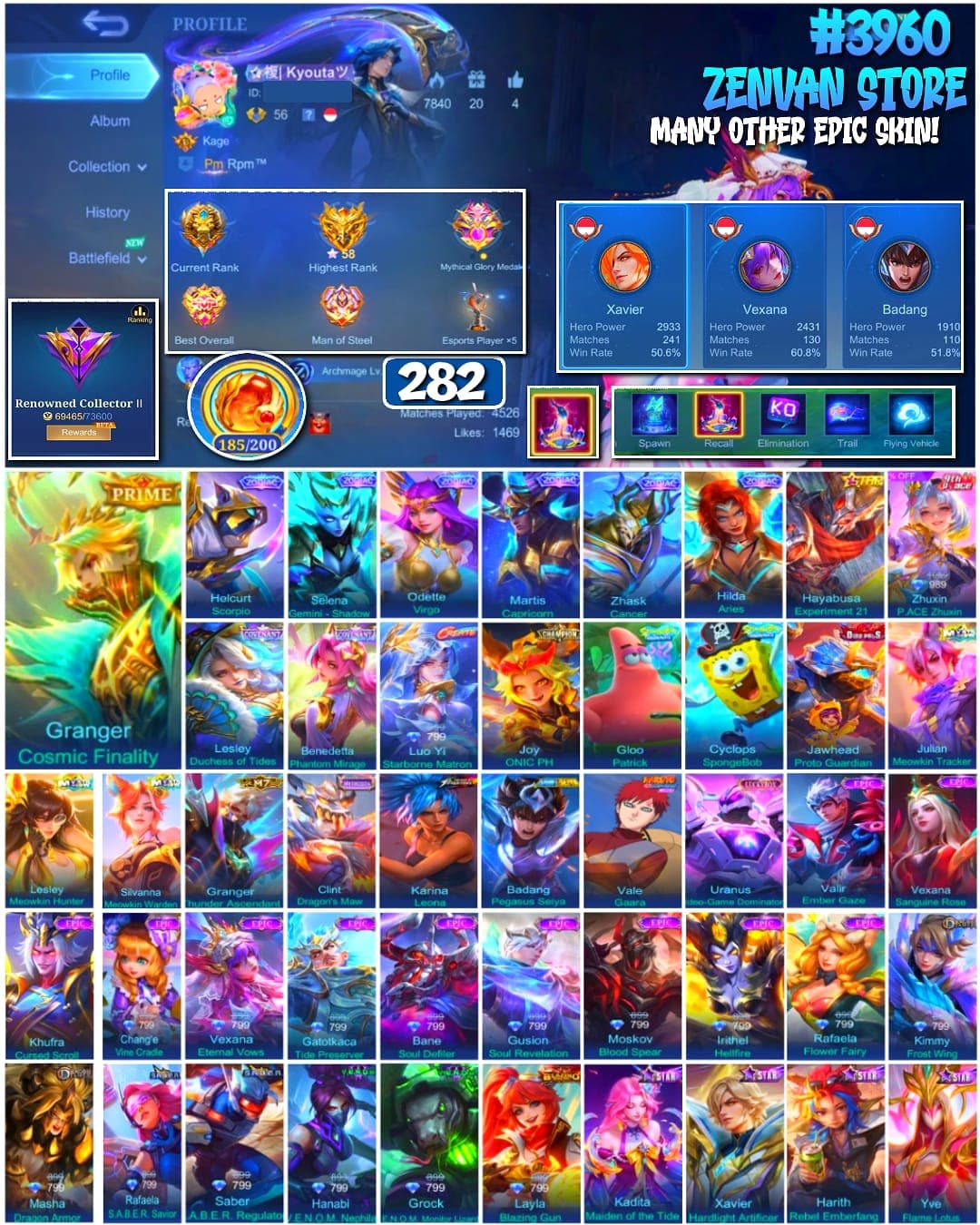 #3960 🔥 282 Skins 🔥 Prime Granger 🔥 SpongeBob & Petrik 🔥 KoF Karina 🔥 Gara 🔥 Many Limited 🔥 Many Zodiac 🔥 Many Epic 🔥 Safe Account ✅