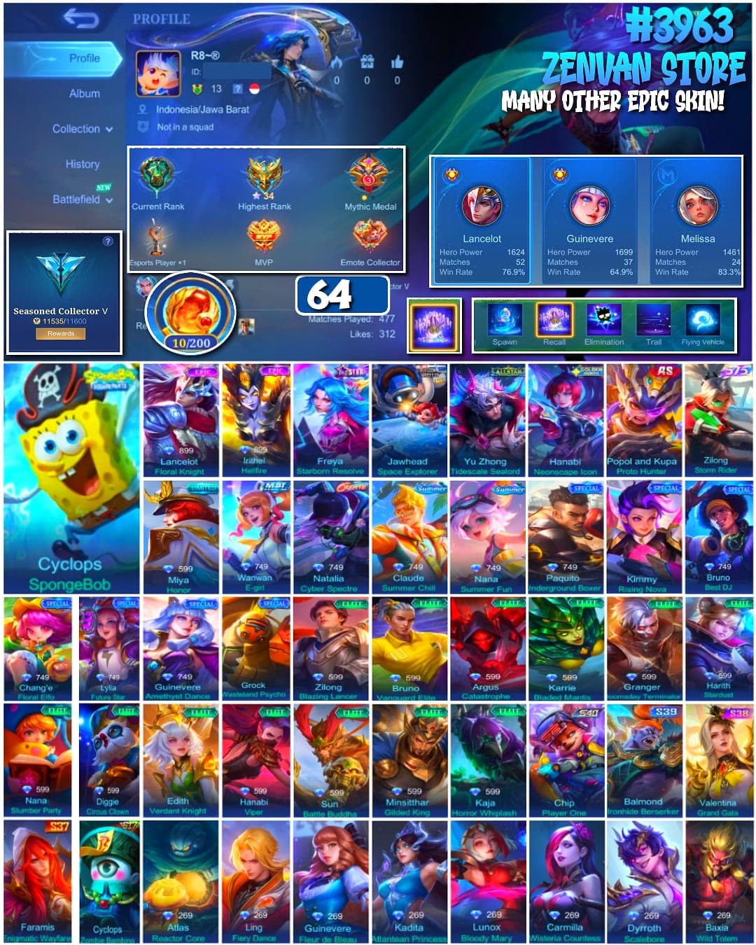#3963 🔥 64 Skins 🔥 SpongeBob 🔥 Many Epic 🔥 Safe Account ✅