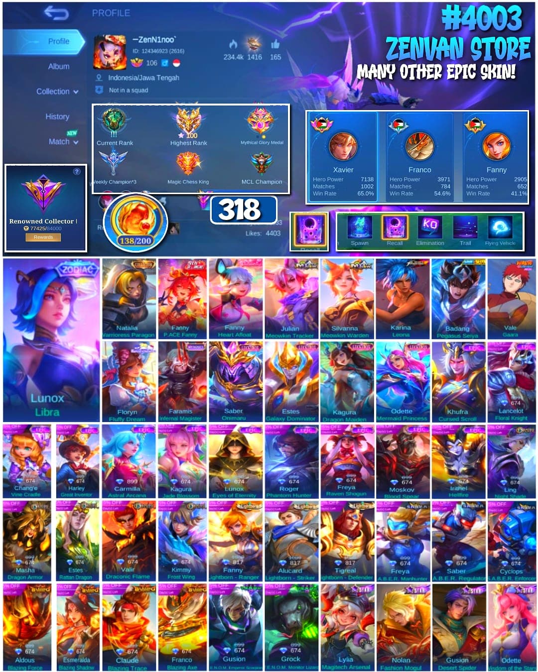Foto akun ML 🔥 #4003 🔥 318 Skins 💎 Renowned Collector I 👑 Mythical Glory ⚔️ Collector Natalia Warrioress Paragon ⭐ Zodiac Lunox Libra 🌟 King of Fighters Karina Leona 🎯 Naruto Vale Gaara ✨ Saint Seiya Badang Pegasus Seiya ✅ Safe Account - gambar 1