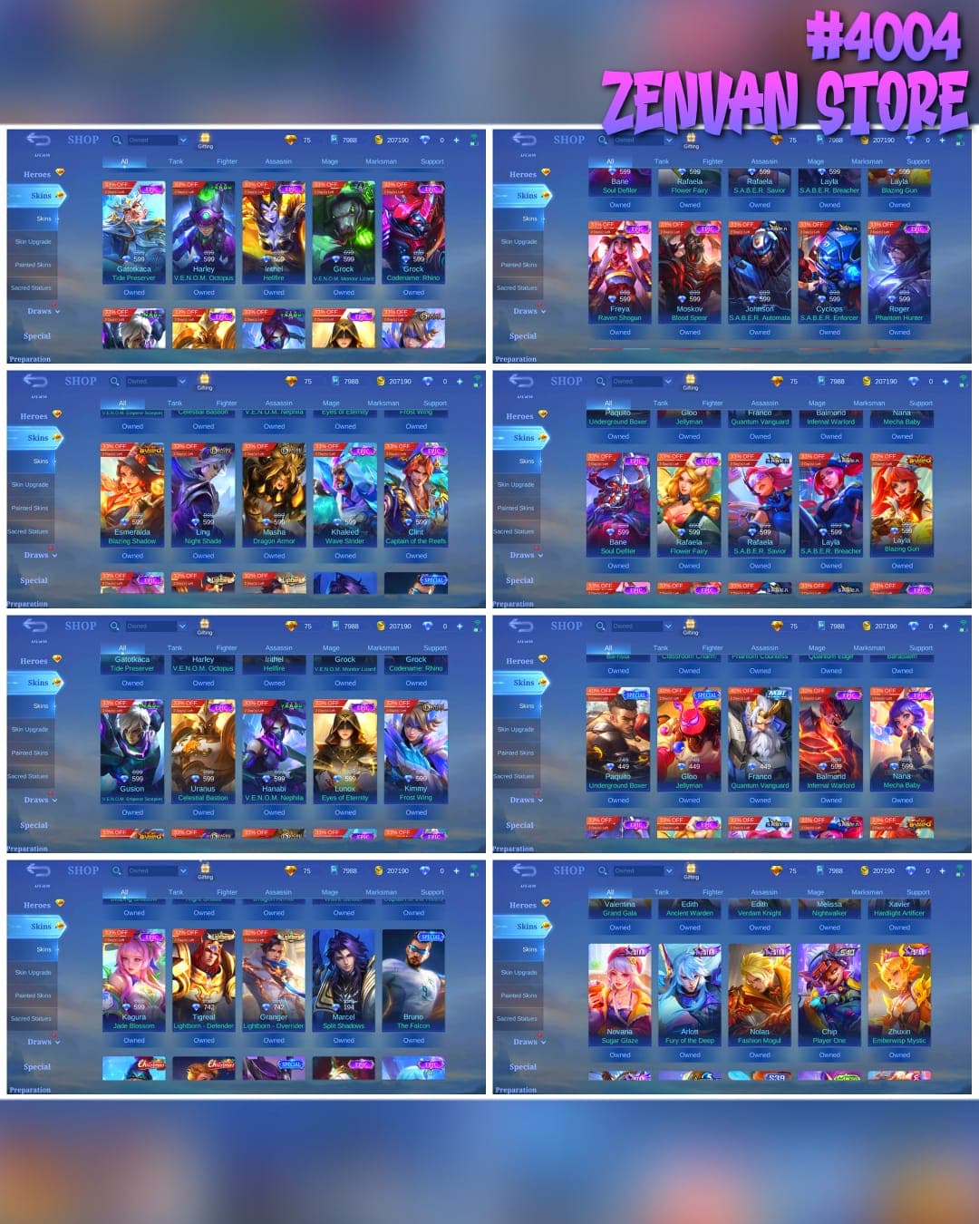 Thumbnail 2 akun ML 🔥 #4004 🔥 415 Skins 💎 Exalted Collector II 👑 Legend Freya Galactic Vanquisher ⚔️ King of Fighters Aurora & Karina ⭐ Naruto Vale Gaara 🌟 Transformers Roger Grimlock 🎯 SpongeBob Cyclops ✨ Mythic 100 Star Highest Rank ✅ Safe Account