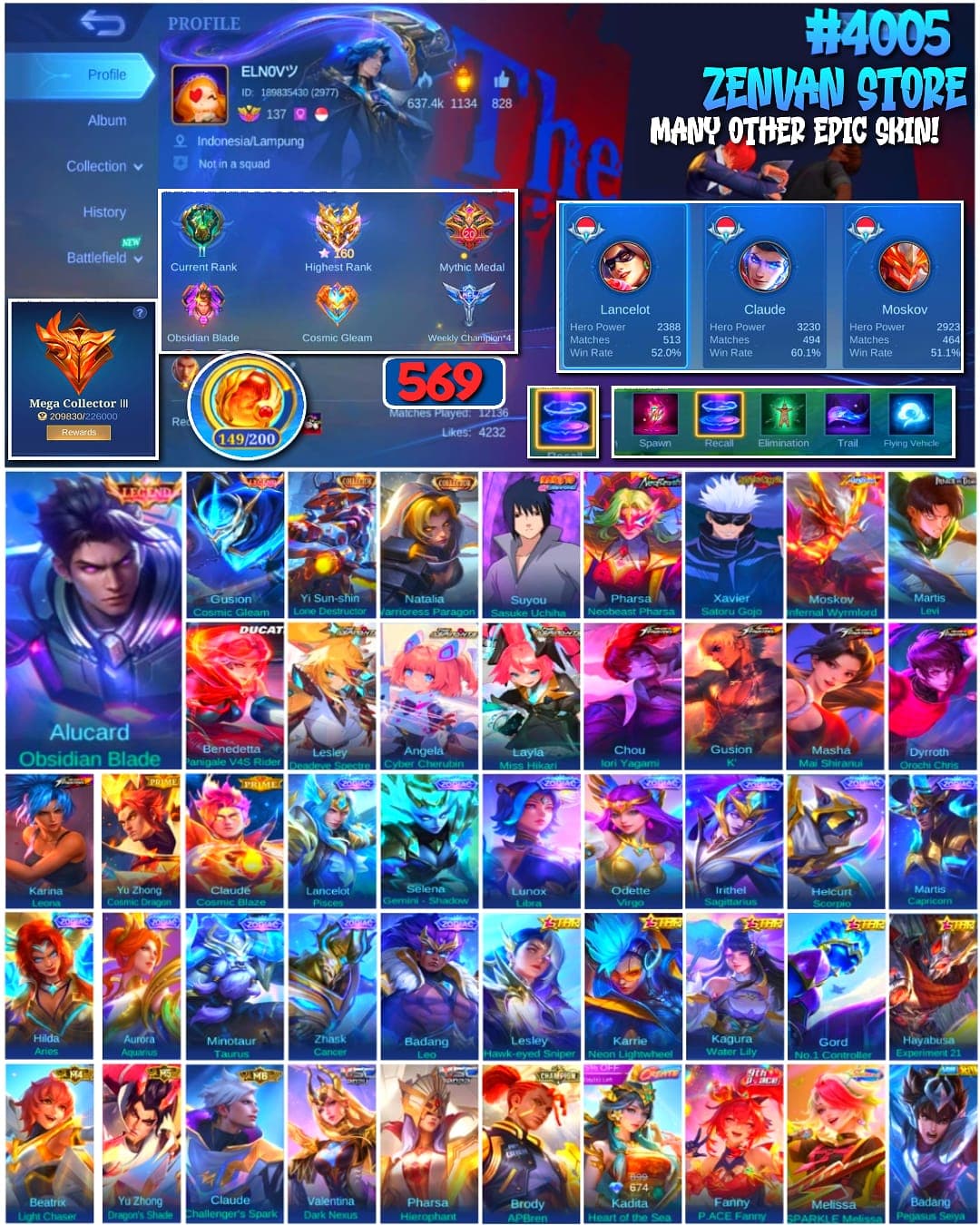 🔥 #4005 🔥 569 Skins 💎 Mega Collector III 👑 Legend Alucard Obsidian Blade ⚔️ Legend Gusion Cosmic Gleam ⭐ Collector Yi Sun-shin & Natalia 🌟 Naruto Sasuke, Attack on Titan Levi & Jujutsu Kaisen Satoru Gojo 🎯 5 King of Fighters Skins 🔱 Mythic 160 Stars ✅ Safe Account