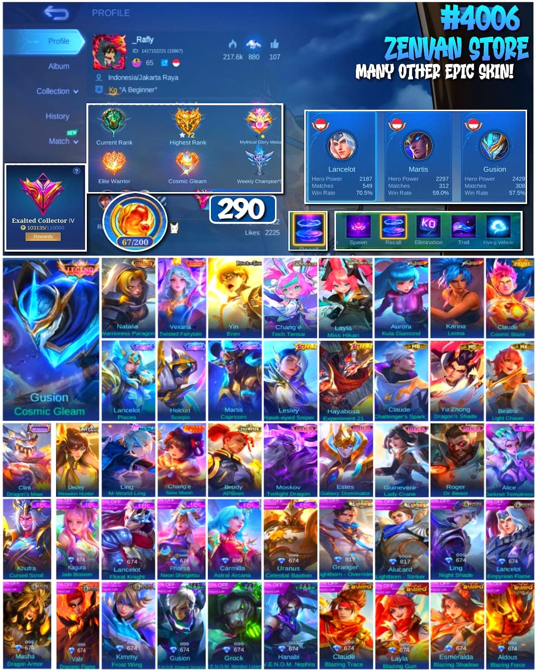 🔥 #4006 🔥 290 Skins 💎 Exalted Collector IV 👑 Legend Gusion Cosmic Gleam ⚔️ Collector Natalia Warrioress Paragon ⭐ King of Fighters Aurora & Karina 🌟 Attack on Titan Yin Eren 🎯 Mythical Glory ✨ Zodiac & Starlight Skins ✅ Safe Account