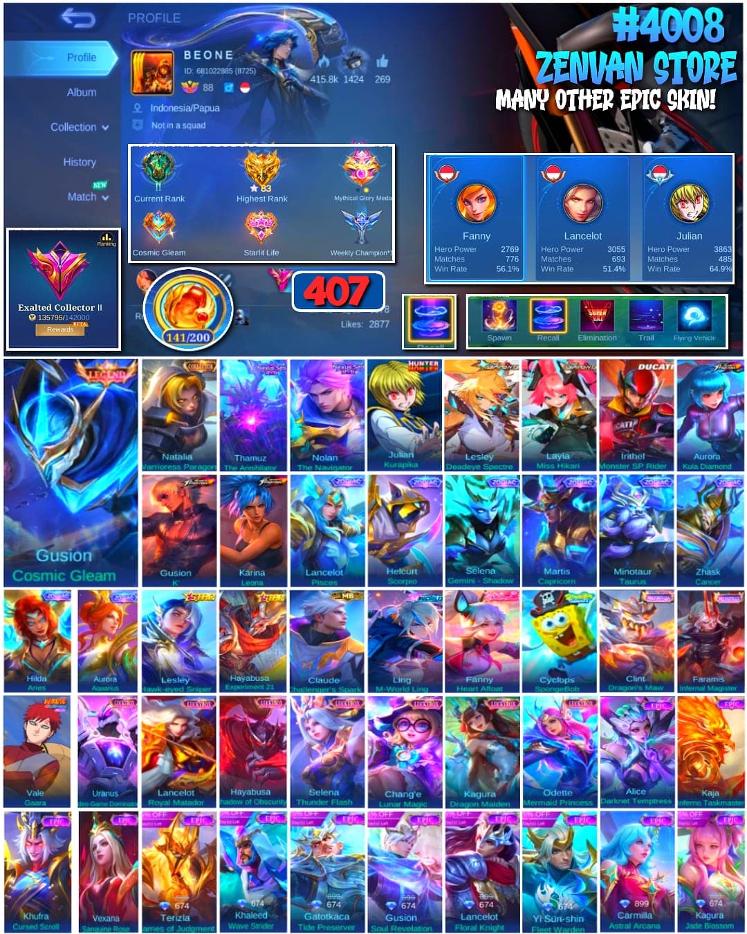 🔥 #4008 🔥 407 Skins 💎 Exalted Collector II 👑 Legend Gusion Cosmic Gleam ⚔️ Naruto Vale Gaara ⭐ Hunter x Hunter Julian Kurapika 🌟 King of Fighters Trio 🎯 Collector Natalia Warrioress Paragon ✨ Mythical Glory 83 Stars ✅ Safe Account