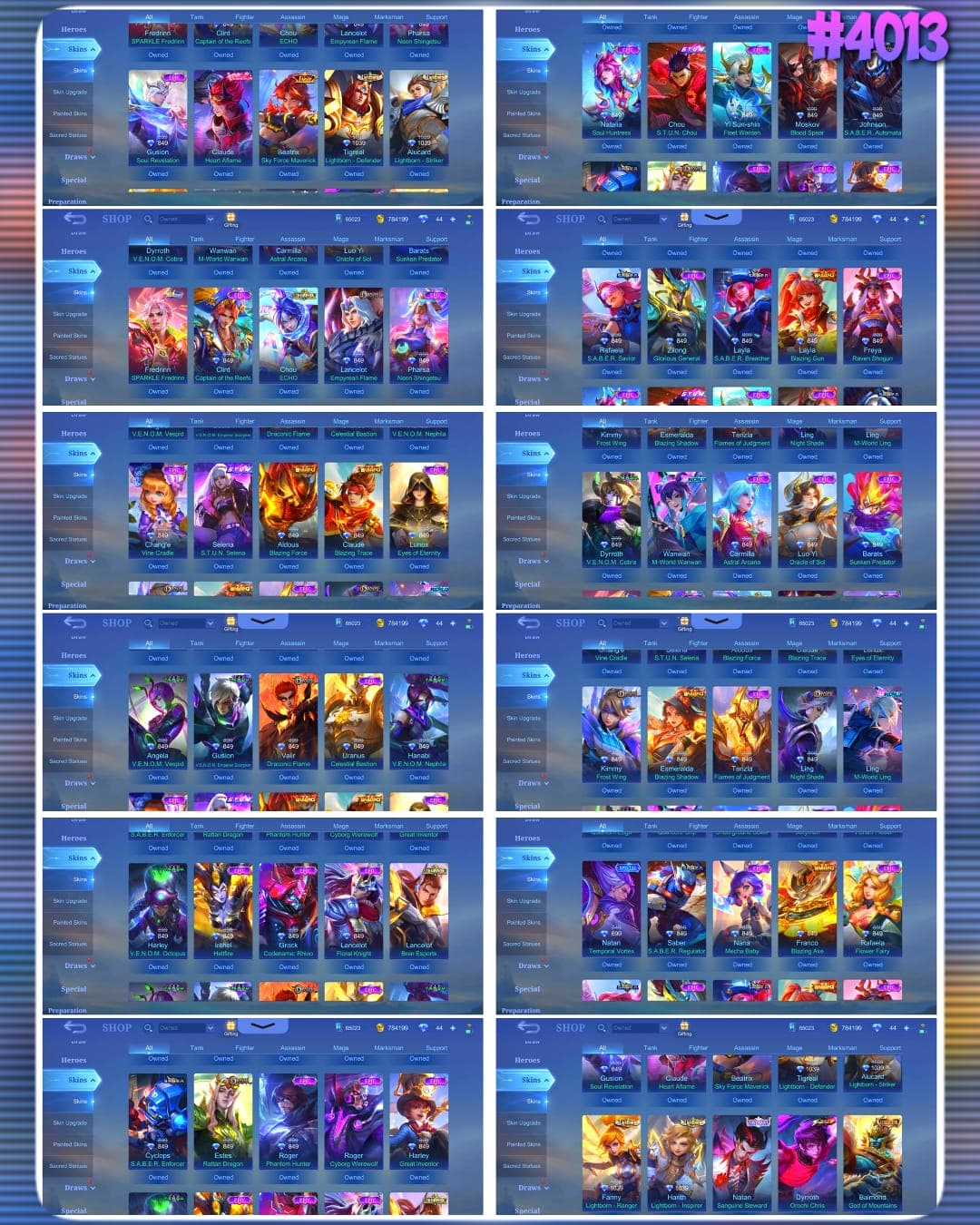 Thumbnail 2 akun ML 🔥 #4013 🔥 604 Skins 💎 WORLD COLLECTOR 👑 14 Collector Skins ⚔️ 6 Legend Skins ⭐ Full Naruto Set 6 Skins 🌟 7 King of Fighters Skins 🎯 Jujutsu Kaisen Satoru Gojo ✨ Hunter x Hunter Killua 🔱 Demon Slayer Lancelot Guardian of the Shrine 💎 Saint Seiya Shiryu + Seiya 👑 Neobeast Ling + Pharsa ⚔️ Highest Rank 165 Stars ✅ Safe Account
