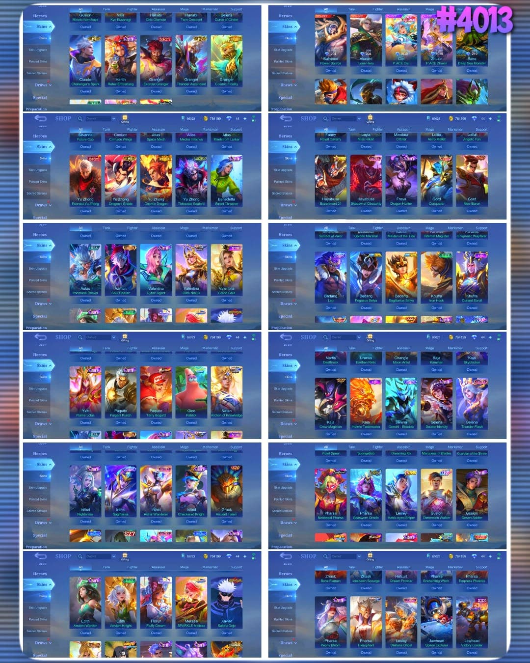 Thumbnail 3 akun ML 🔥 #4013 🔥 604 Skins 💎 WORLD COLLECTOR 👑 14 Collector Skins ⚔️ 6 Legend Skins ⭐ Full Naruto Set 6 Skins 🌟 7 King of Fighters Skins 🎯 Jujutsu Kaisen Satoru Gojo ✨ Hunter x Hunter Killua 🔱 Demon Slayer Lancelot Guardian of the Shrine 💎 Saint Seiya Shiryu + Seiya 👑 Neobeast Ling + Pharsa ⚔️ Highest Rank 165 Stars ✅ Safe Account