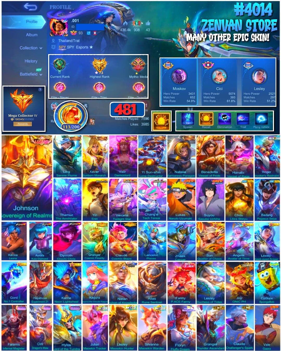 Thumbnail 1 akun ML 🔥 #4014 🔥 481 Skins 💎 Legend Johnson Sovereign of Realms 👑 Mega Collector IV ⚔️ Attack on Titan Yin Eren ⭐ Naruto Uzumaki + Sasuke 🌟 Ling Serene Plume + Xavier Sunborn Monarch 🎯 3 King of Fighters Skins ✨ Saint Seiya Shiryu + Seiya 🔱 Valir Demonlord + Yi Sun-shin Lone Destructor 💎 Highest Rank 73 Stars ✅ Safe Account