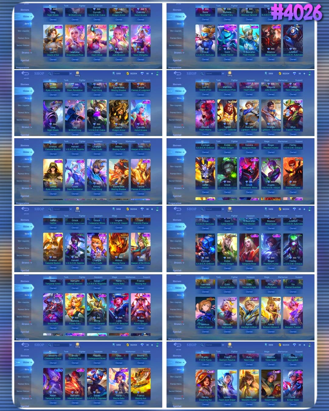 Thumbnail 2 akun ML 🔥 #4026 🔥 497 Skins 💎 2 Legend Skins Lunox Divine Goddess + Valir Infernal Blaze 👑 Mega Collector V ⚔️ Jujutsu Kaisen Nobara Kugisaki ⭐ 4 King of Fighters Skins 🌟 Collector Ling Serene Plume + Xavier Sunborn Monarch 🎯 8 Zodiac Skins ✨ 3 Prime Skins 🔱 Transformers Roger Grimlock 💎 Highest Rank 101 Stars ✅ Safe Account