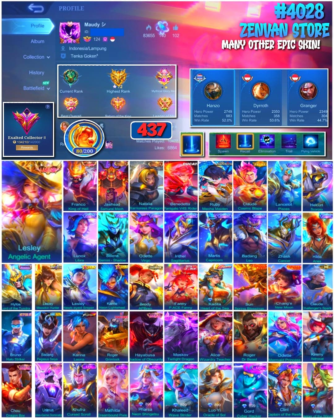 Thumbnail 1 akun ML 🔥 #4028 🔥 437 Skins 💎 2 Legend Skins Lesley Angelic Agent + Franco King of Hell 👑 Exalted Collector II ⚔️ 2 Collector Skins Jawhead Samurai Mech + Natalia Warrioress Paragon ⭐ 10 Zodiac Skins 🌟 Ducati Benedetta Panigale V4S Rider 🎯 Prime Claude Cosmic Blaze ✨ Ruby Mecha Maiden 🔱 Highest Rank 72 Stars ✅ Safe Account