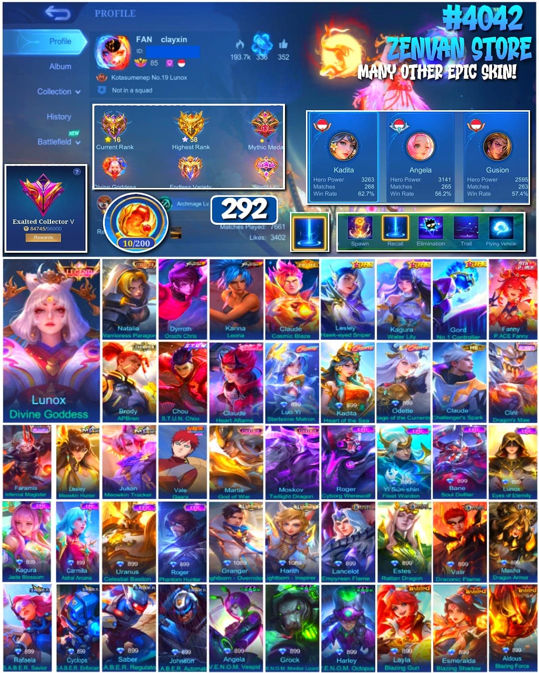 Thumbnail 1 akun ML 🔥 #4042 🔥 292 Skins 💎 EXALTED COLLECTOR V 👑 Legend Lunox Divine Goddess ⚔️ Collector Natalia Warrioress Paragon ⭐ 2 King of Fighters Skins Dyrroth Orochi Chris + Karina Leona 🌟 Naruto Vale Gaara 🎯 Angela V.E.N.O.M. Vespid ✨ Fanny P.ACE Fanny 🔱 Highest Rank 58 Stars ✅ Safe Account