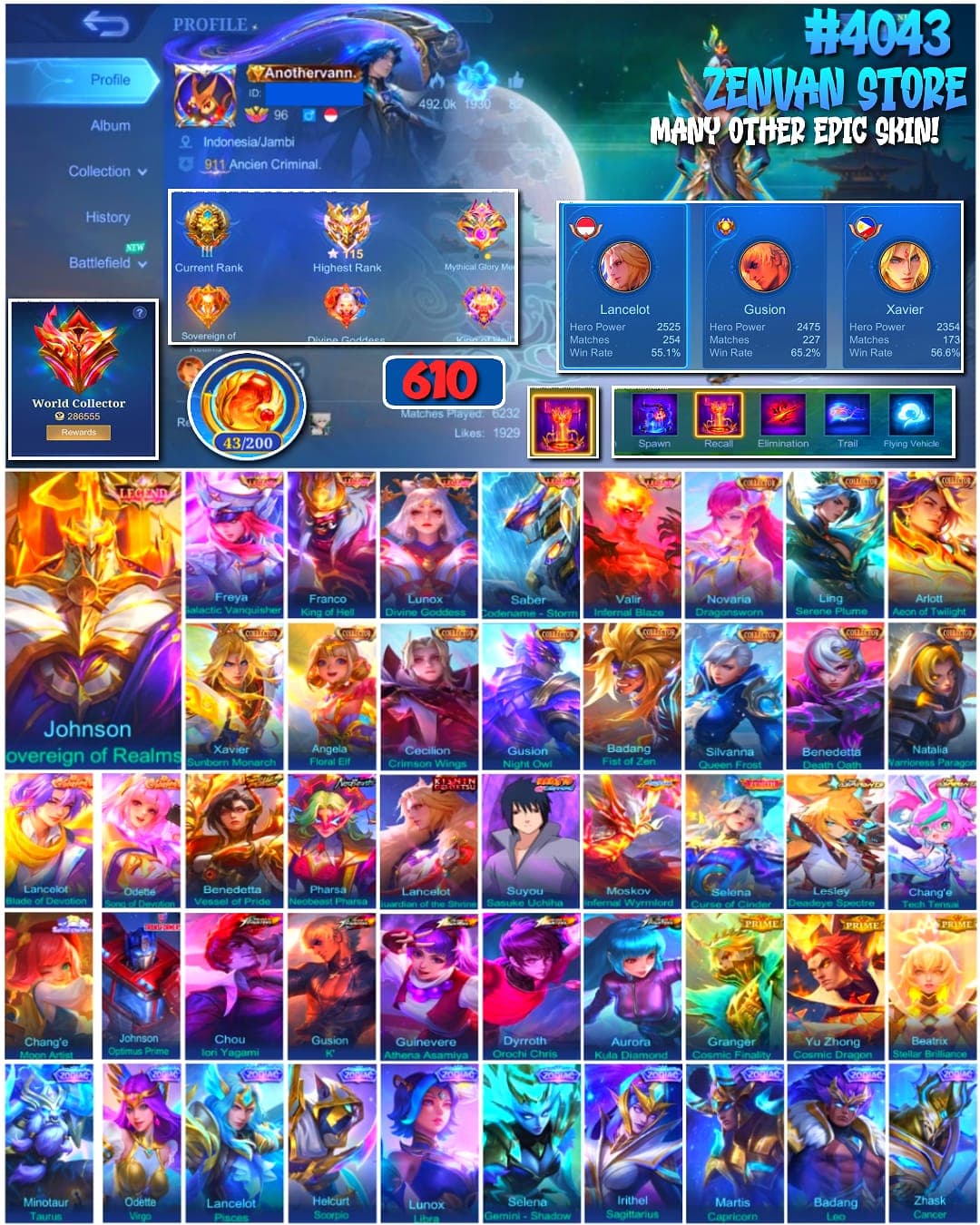Thumbnail 1 akun ML 🔥 #4043 🔥 610 Skins 💎 WORLD COLLECTOR 👑 6 Legend Skins Johnson Sovereign of Realms + Freya Galactic Vanquisher + Franco King of Hell + Lunox Divine Goddess + Saber Codename Storm + Valir Infernal Blaze ⚔️ Naruto Suyou Sasuke Uchiha ⭐ 10 Zodiac Skins ✅ Safe Account