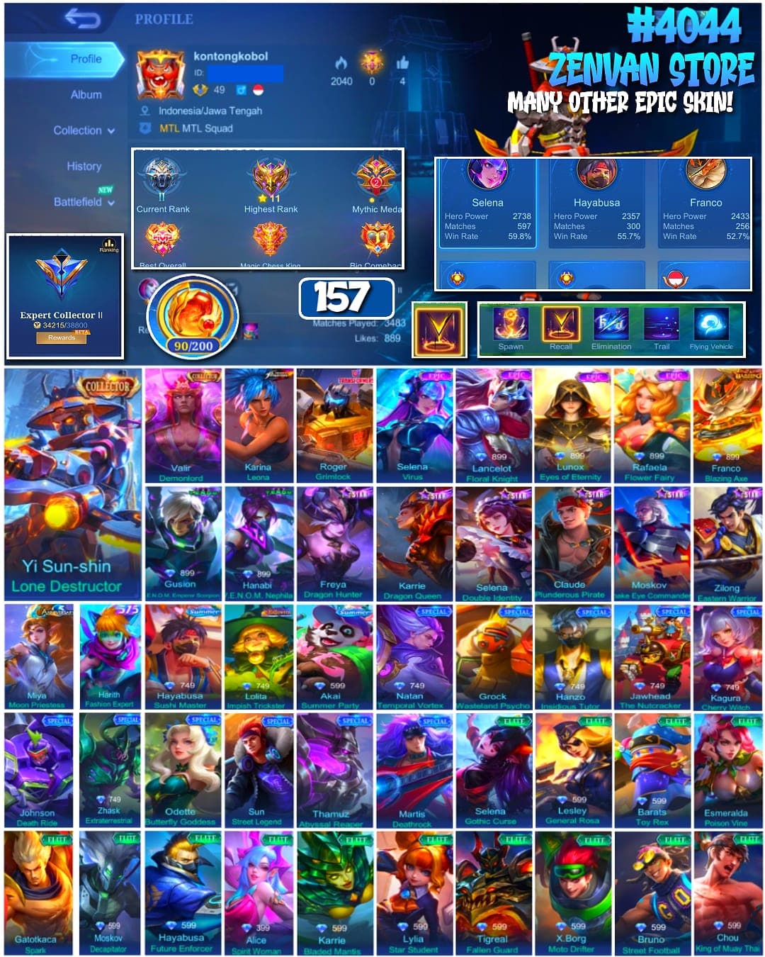 Thumbnail 1 akun ML 🔥 #4044 🔥 157 Skins 💎 EXPERT COLLECTOR II 👑 2 Collector Skins Yi Sun-shin Lone Destructor + Valir Demonlord ⚔️ King of Fighters Karina Leona ⭐ Transformers Roger Grimlock 🌟 2 V.E.N.O.M. Skins Gusion Emperor Scorpion + Hanabi Nephila 🎯 Lancelot Floral Knight ✅ Safe Account