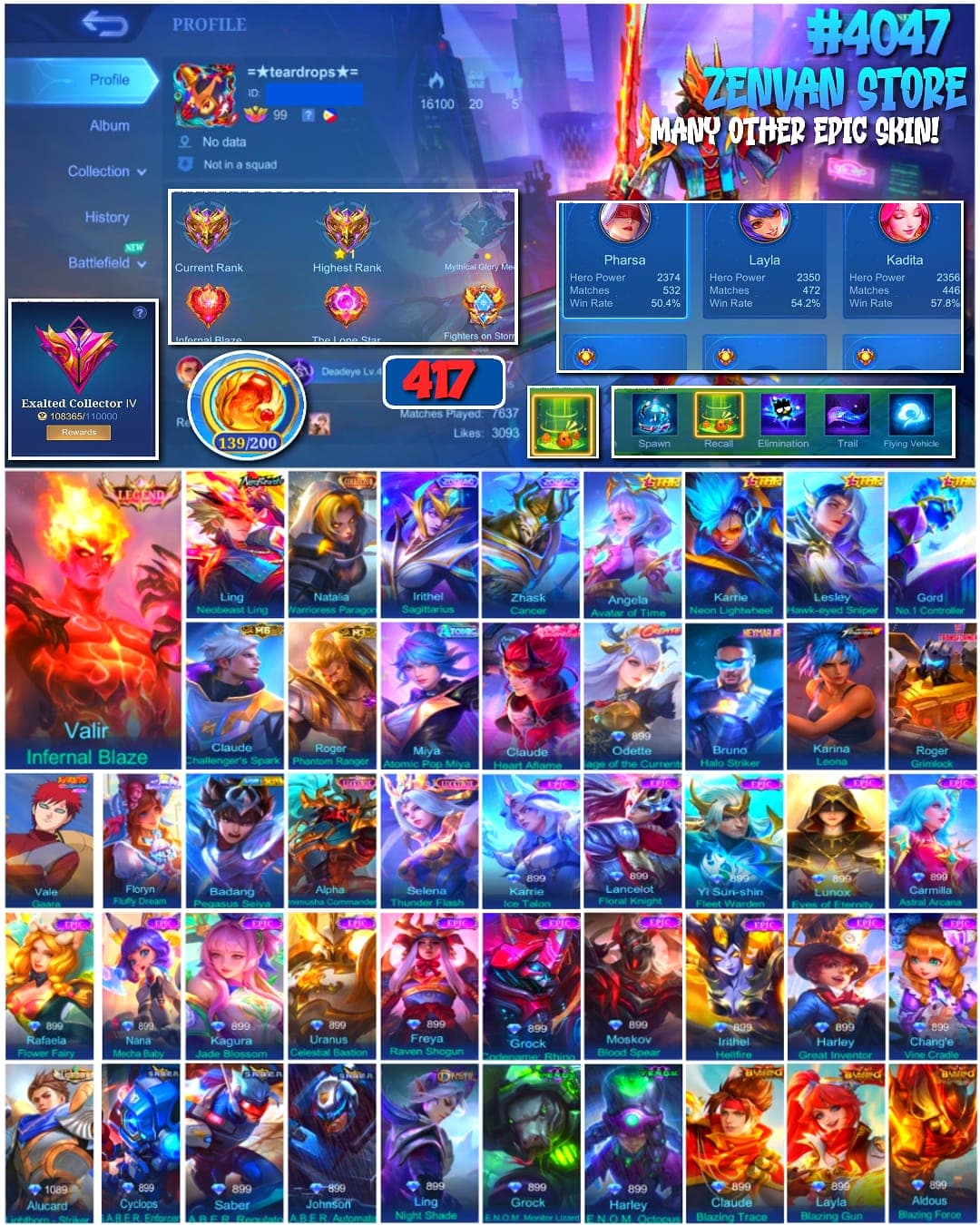 Thumbnail 1 akun ML 🔥 #4047 🔥 417 Skins 💎 EXALTED COLLECTOR IV 👑 Legend Valir Infernal Blaze ⚔️ Collector Natalia Warrioress Paragon ⭐ Angela Avatar of Time 🌟 Naruto Vale Gaara 🎯 Neobeast Ling ✨ Neymar Jr Bruno Halo Striker 🔱 M6 Claude Challengers Spark 💎 M3 Roger Phantom Ranger ✅ Safe Account