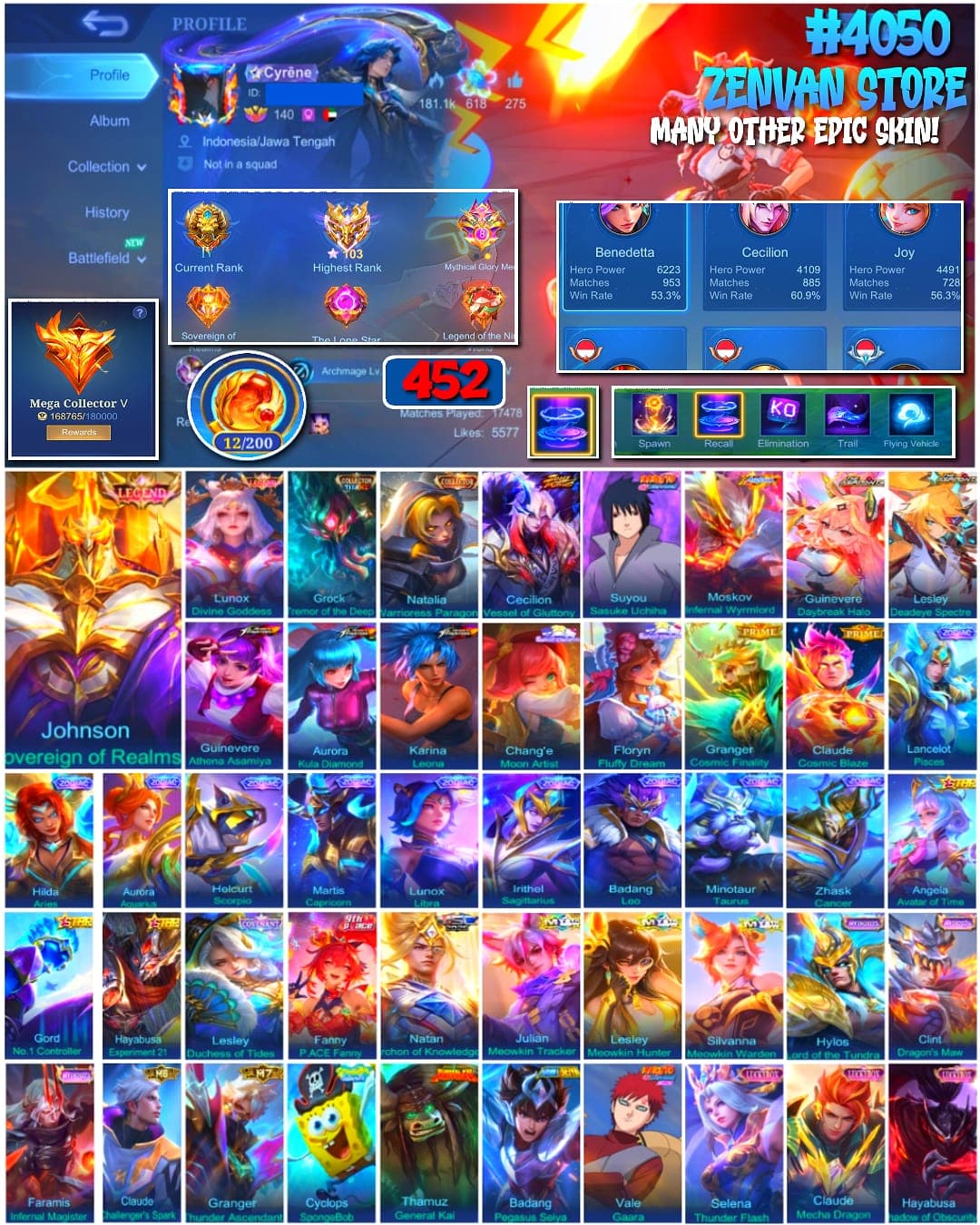 Thumbnail 1 akun ML 🔥 #4050 🔥 452 Skins 💎 Mega Collector V 👑 Legend Johnson Sovereign ⚔️ Sasuke Uchiha ⭐ Vale Gaara 🌟 KOF Athena Asamiya 🎯 Collector Titan Grock ✨ Mythical Glory 103 ✅ Safe Account