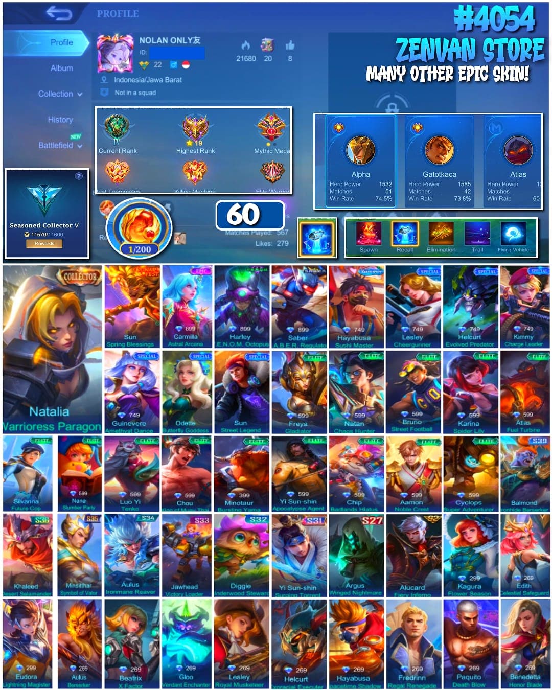 🔥 #4054 🔥 60 Skins 💎 Collector Natalia 👑 Epic Carmilla Astral Arcana ⚔️ Fresh Account ⭐ Alpha WR 74% ✅ Safe Account