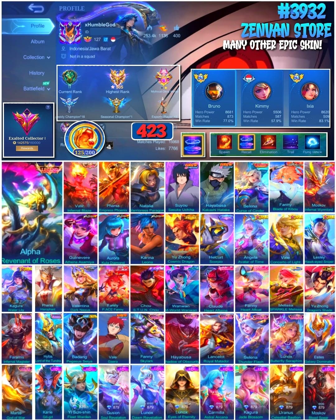 Foto akun ML #3932 🔥 423 Skins 🔥 Legend Alpha 🔥 Collector Valir, Pharsa & Natalia 🔥 Sasuke 🔥 Kakashi 🔥 Vale Gaara 🔥 KoF Guinevere, Aurora & Karina 🔥 Saint Seiya Badang 🔥 Prime Yu Zhong 🔥 M-World Wanwan 🔥 Many Limited 🔥 Many Zodiac 🔥 Many Epic 🔥 Safe Account ✅ - gambar 1