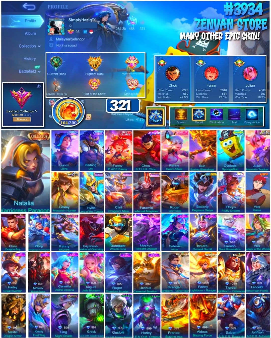 Foto akun ML #3934 🔥 321 Skins 🔥 Collector Natalia 🔥 Vale Gaara 🔥 Saint Seiya Badang 🔥 Transformer Roger 🔥 SpongeBob 🔥 Many Limited 🔥 Many Zodiac 🔥 Many Epic 🔥 Safe Account ✅ - gambar 1