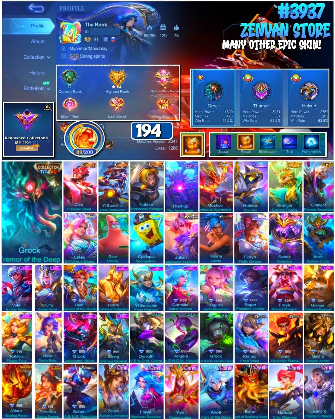 #3937 🔥 194 Skins 🔥 Collector Grock, Clint, Yi Sun-shin & Natalia 🔥 KoF Karina 🔥 Prime Granger 🔥 SpongeBob 🔥 Patrick 🔥 Many Limited 🔥 Many Star 🔥 Many Epic 🔥 Safe Account ✅