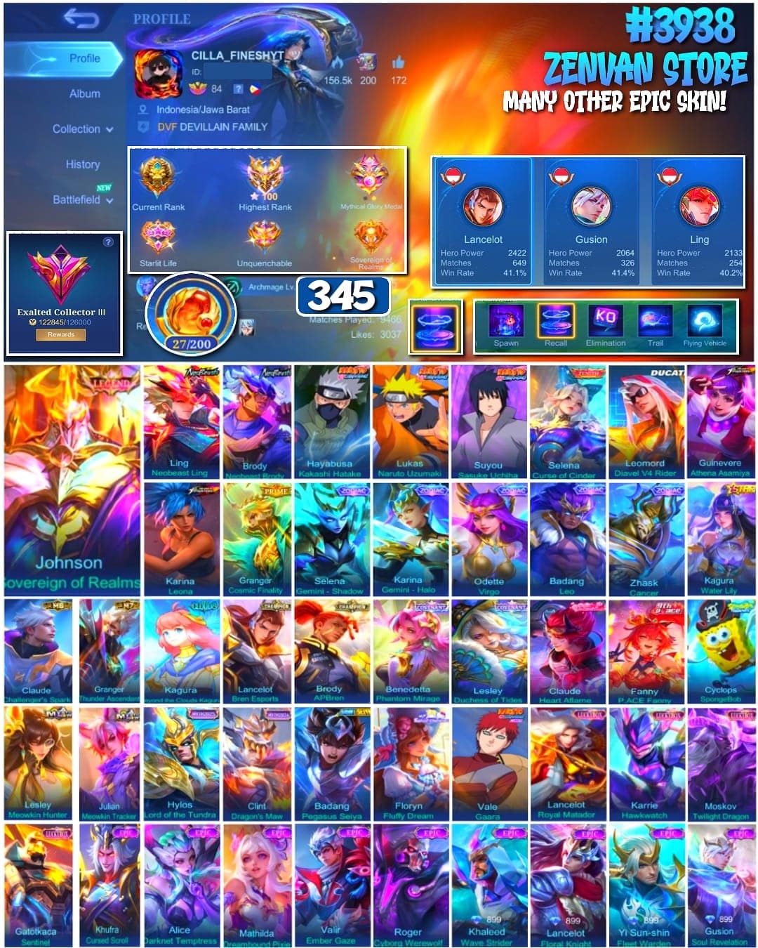 #3938 🔥 345 Skins 🔥 Legend Johnson 🔥 Neobeast Ling & Brody 🔥 Sasuke 🔥 Kakashi 🔥 Naruto Lukas 🔥 Vale Gaara 🔥 KoF Guinevere & Karina 🔥 Saint Seiya Badang 🔥 Prime Granger 🔥 Ducati Leomord 🔥 SpongeBob 🔥 Many Limited 🔥 Many Zodiac 🔥 Many Epic 🔥 Safe Account ✅