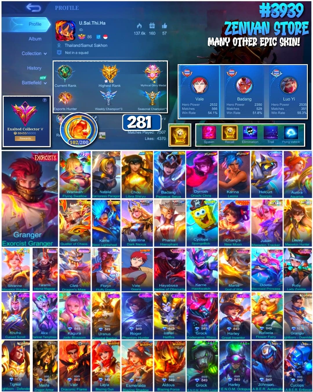 #3939 🔥 281 Skins 🔥 Collector Natalia 🔥 Exorcist Granger 🔥 Saint Seiya Badang & Chou 🔥 KoF Dyroth & Karina 🔥 Vale Gaara 🔥 M-World Wanwan 🔥 SpongeBob 🔥 Many Limited 🔥 Many Zodiac 🔥 Many Epic 🔥 Safe Account ✅
