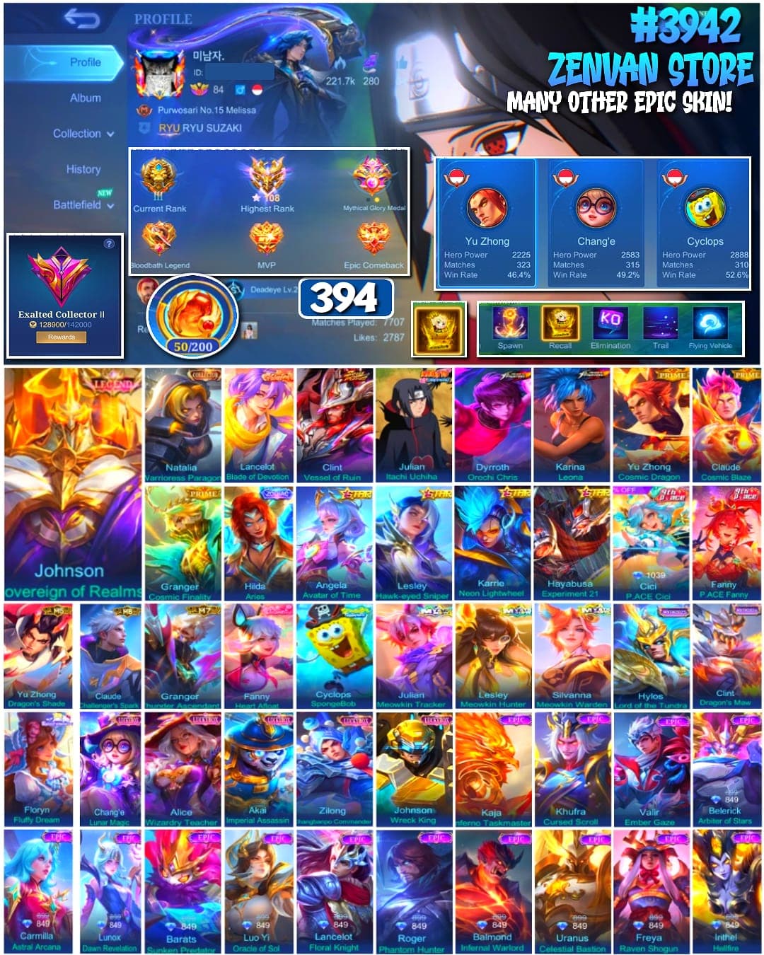 Foto akun ML #3942 🔥 394 Skins 🔥 Legend Jhonson 🔥 Collector Natalia 🔥 Valentine Lance 🔥 Itachi 🔥 Soul Valls Clint 🔥 KoF Dyroth & Karina 🔥 Prime Yu Zhong, Claude & Granger 🔥 SpongeBob 🔥 Many Limited 🔥 Many Zodiac 🔥 Many Epic 🔥 Safe Account ✅ - gambar 1