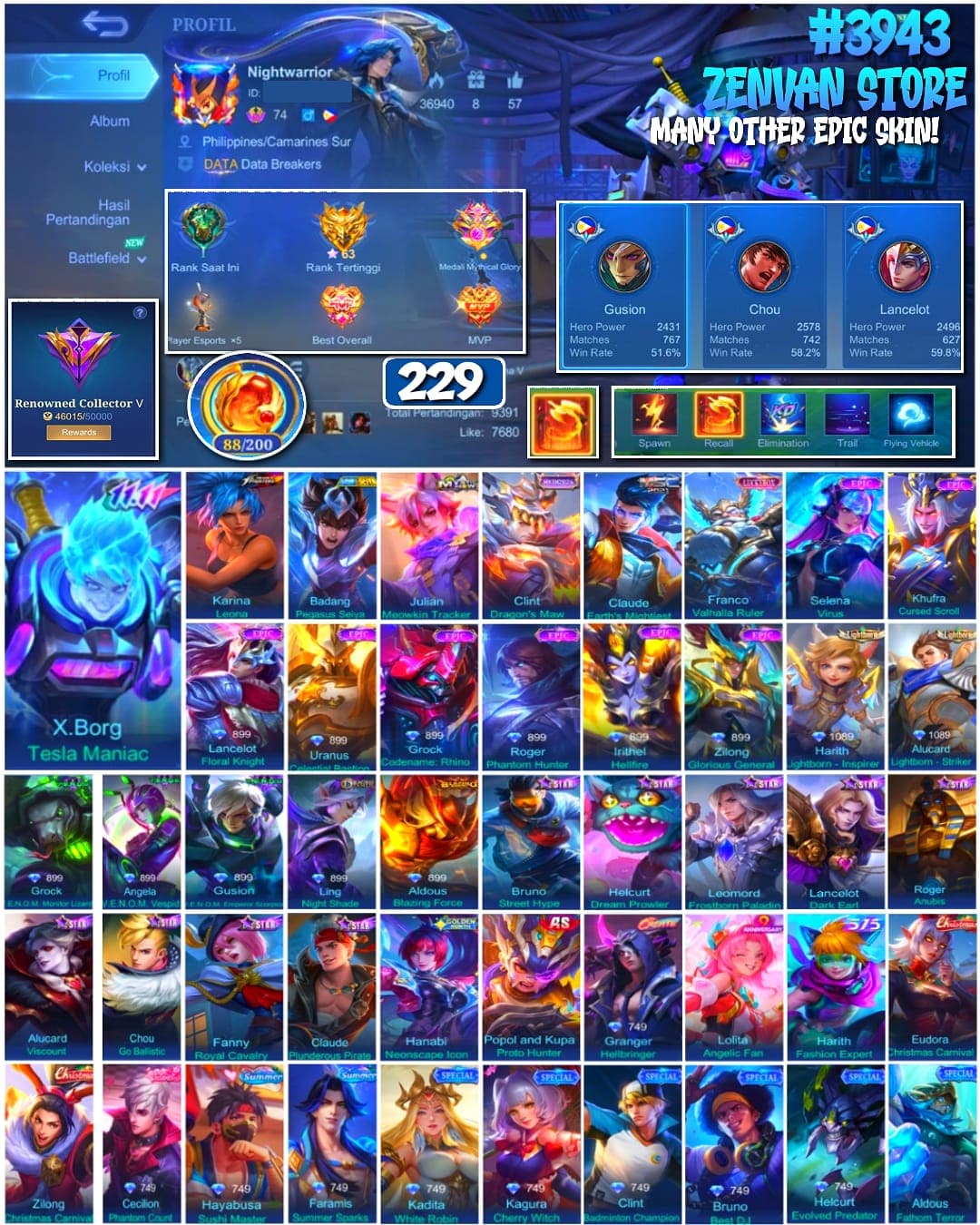 Foto akun ML #3943 🔥 229 Skins 🔥 KoF Karina 🔥 11.11 X Borg 🔥 Saint Seiya Badang 🔥 Many Epic 🔥 Safe Account ✅ - gambar 1